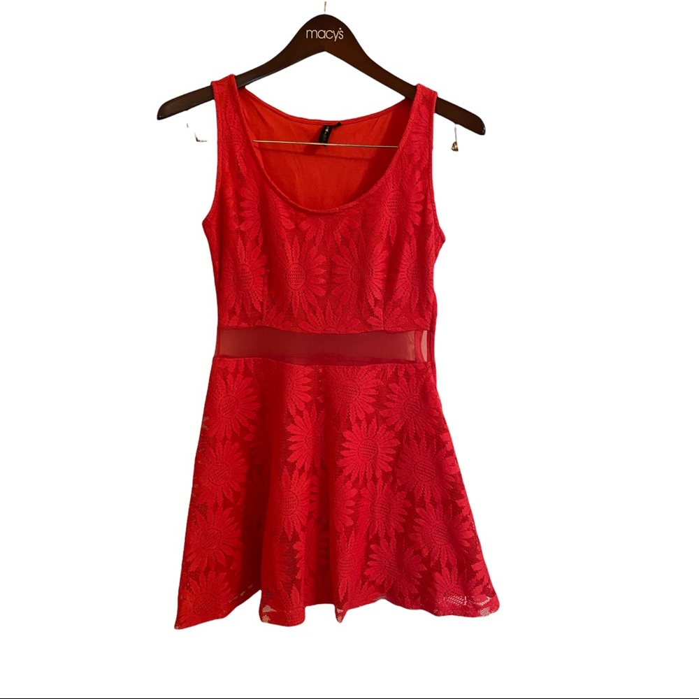 Sleeveless Floral Mini Dress with Sheer Lace Middle  — Size L